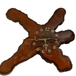 Retro Vintage Burl Wood Live Edge Wall Clock MCM Boho Cabin Lacquered Slab